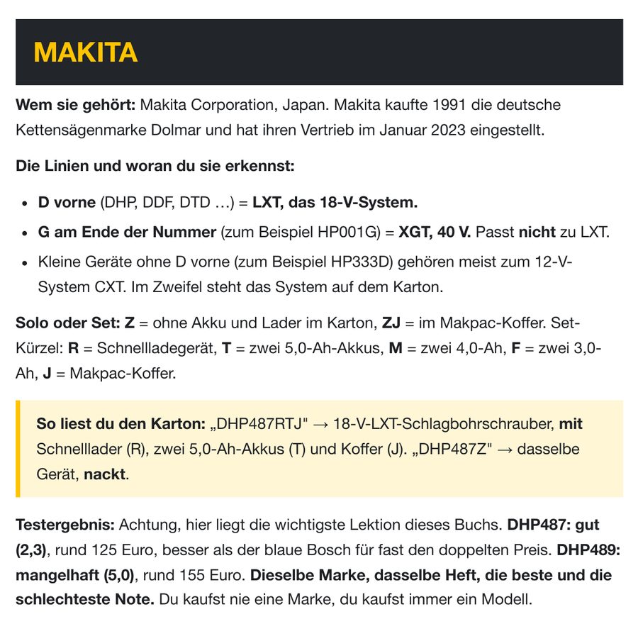Auszug aus dem Buch: der Makita-Eintrag mit Linien, Set-Kürzeln und Testergebnis